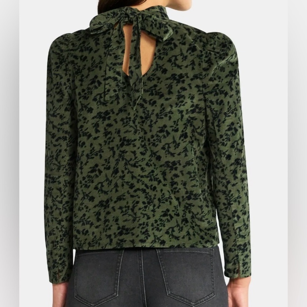 Olive Green Mock Neck Long Sleeve Top with Black Leaf Print - Picture 2 of 4